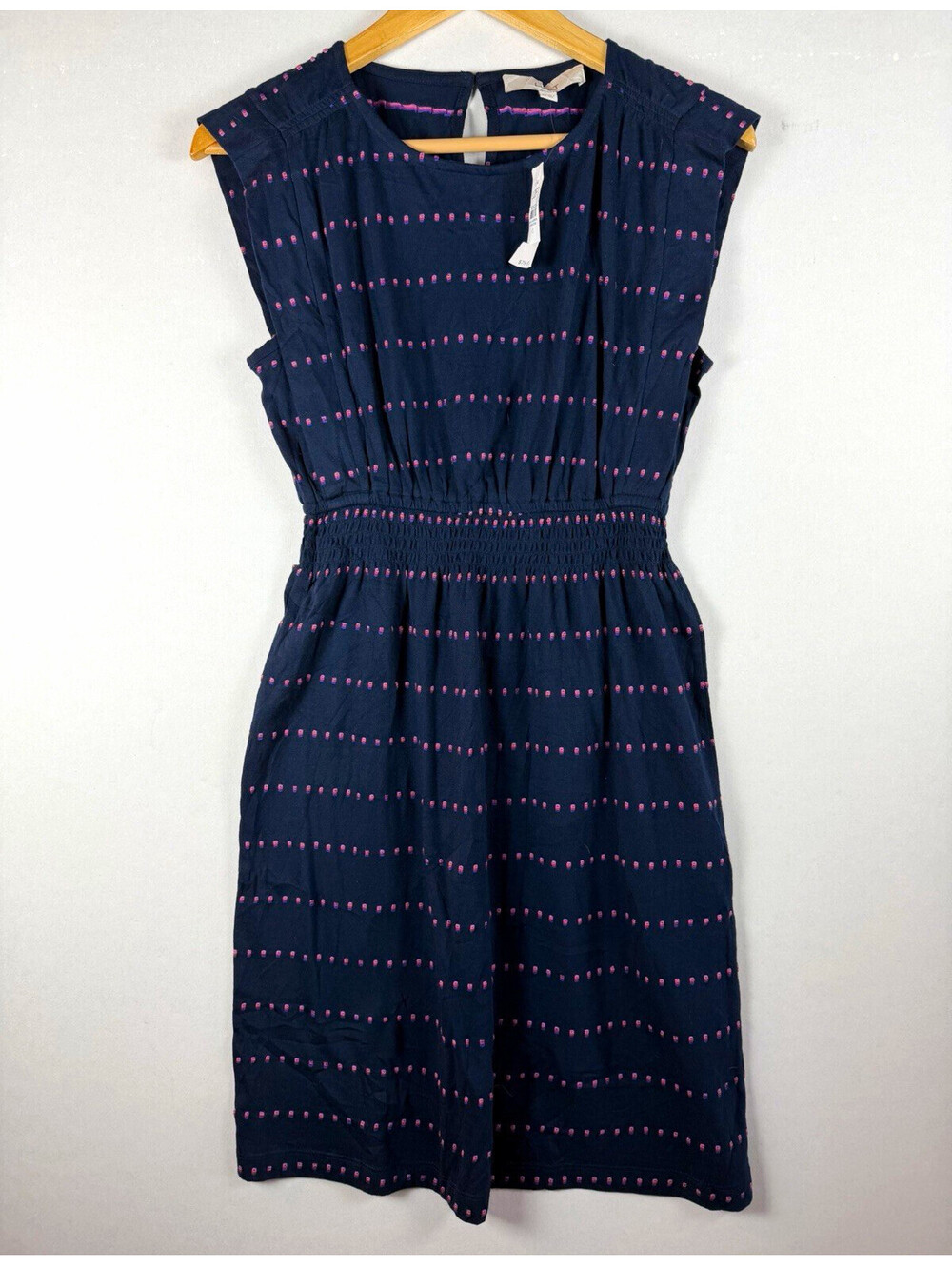 LOFT Navy Pink Purple Striped Shift Dress Smocked Waist Sleeveless XS